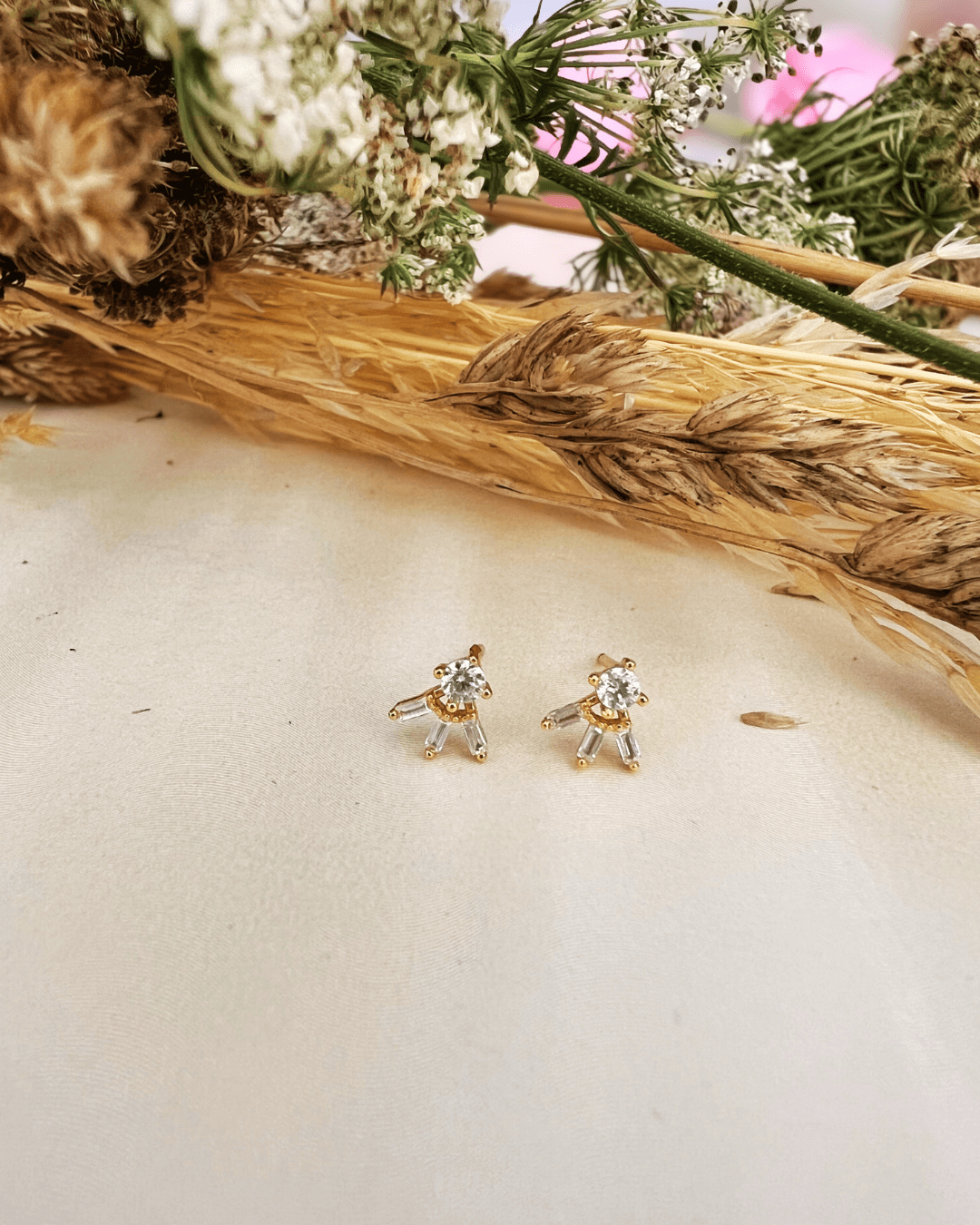 Three Rectangular Zirconia Stud Earring - Aurelias Gold