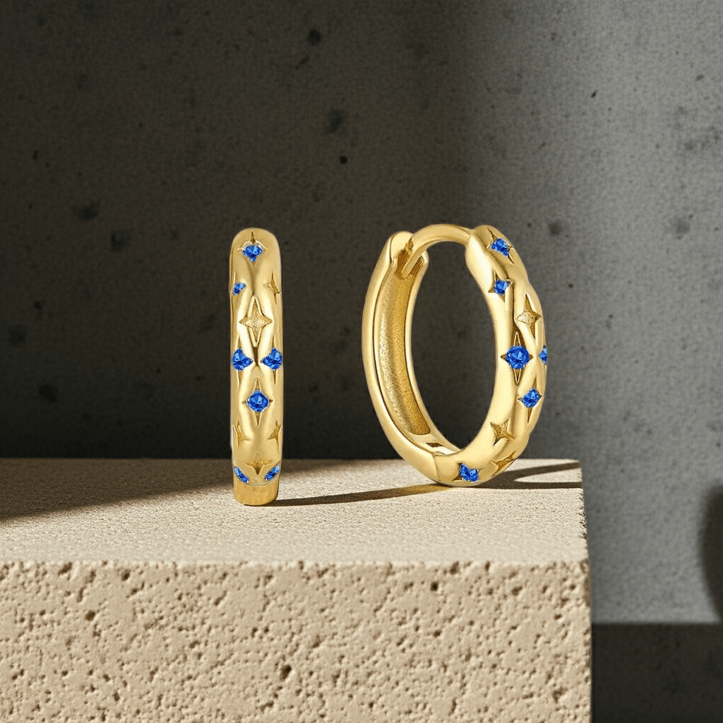 Blue Star Zirconia Pave Simple Huggie Earrings - Aurelias Gold