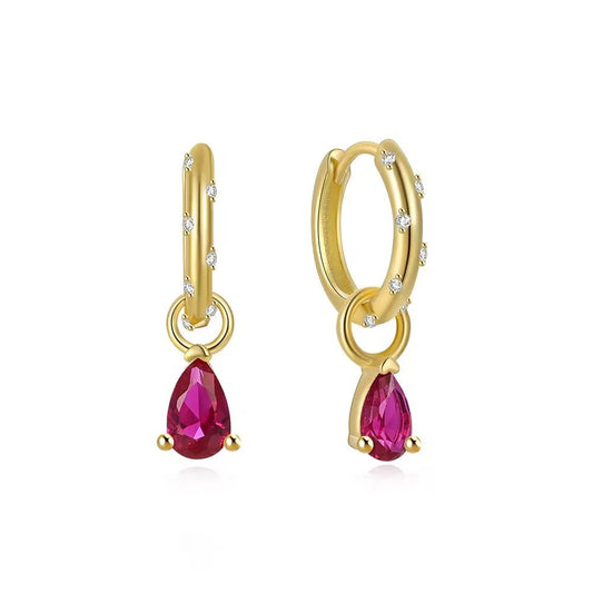 Red Water Drop Zirconia Pendant Classic Huggie Earrings - Aurelias Gold