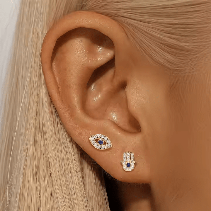 Blue Evil eye &Hamsa Hand Earrings - Aurelias Gold